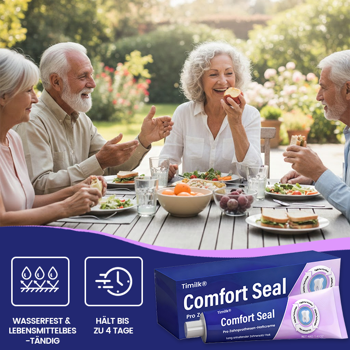 🔥 BEGRENZTES SONDERANGEBOT 🔥 Timilk® Comfort Seal Pro Zahnprothesen-Haftcreme 🦷💜 FDA-zertifiziert (Klinisch getestet: 96 Stunden Halt für sicheren, komfortablen und zinkfreien Sitz der Zahnprothese)